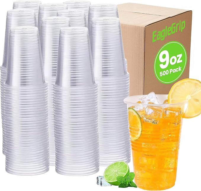 EagleGrip Clear Plastic Cups 9 oz, 500 Count – Disposable Drink Cups for Cold Beverages, Juice, Soda & Water – Strong BPA-Free Crystal Clear Cups for Parties, Catering, Weddings & Food Service