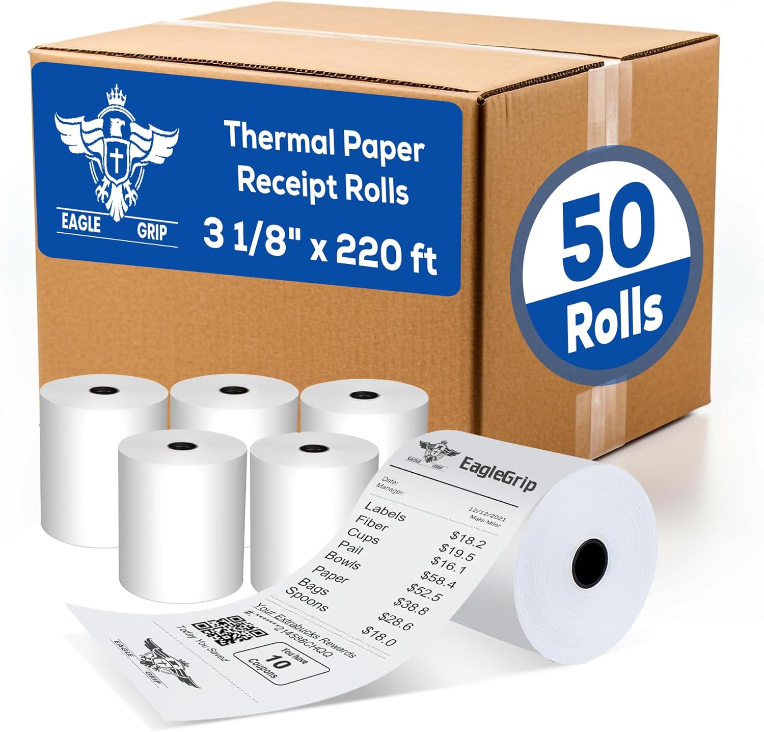 3-1/8" x 220' Thermal Paper Receipt Rolls, Case of 50