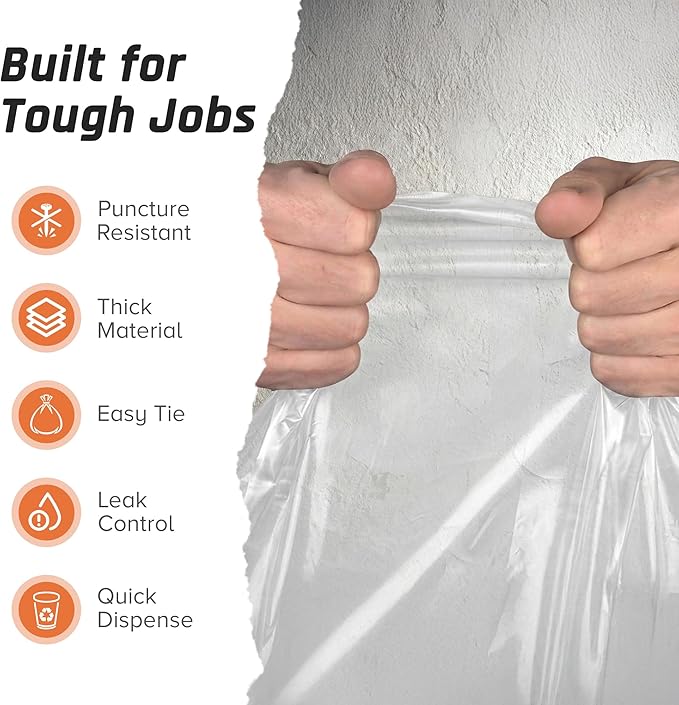 Clear Gallon Trash Bags Heavy Duty - 2.0 MIL Thick (equiv) - 38" x 58" - Garbage Bags for Contractors, Lawn, Leaf, Yard Waste, Commercial, Kitchen, Industrial, Construction (Pack of 50)