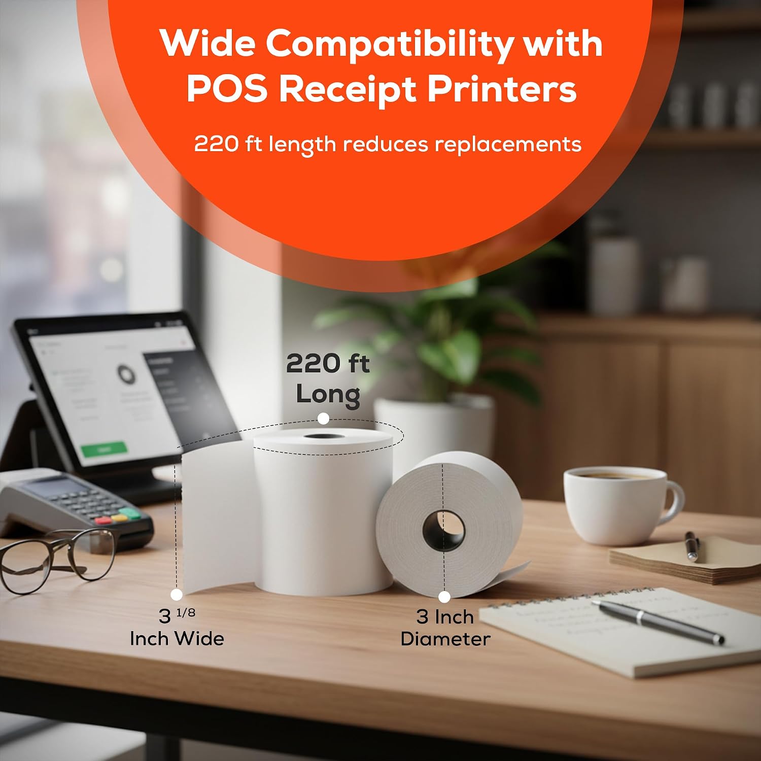 Thermal Paper Receipt Rolls 3 1/8" x 220 ft – 32 Pack POS Receipt Paper, High-Contrast Ink-Free Printing, Jam-Resistant, Compatible with Cash Registers, POS Systems & Receipt Printers