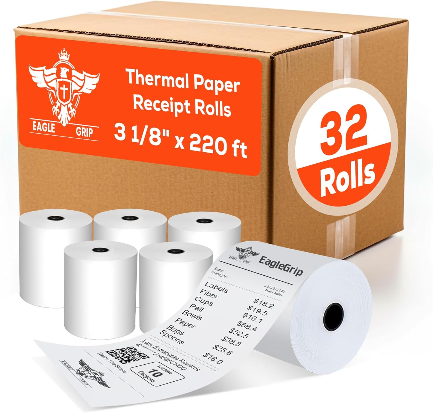 Thermal Paper Receipt Rolls 3 1/8" x 220 ft – 32 Pack POS Receipt Paper, High-Contrast Ink-Free Printing, Jam-Resistant, Compatible with Cash Registers, POS Systems & Receipt Printers