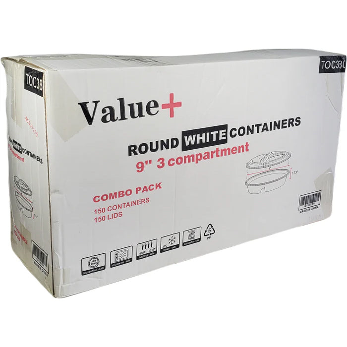 Value+ - 9" 3 Comptartment Round White Plastic Container - Eagle Global Solution