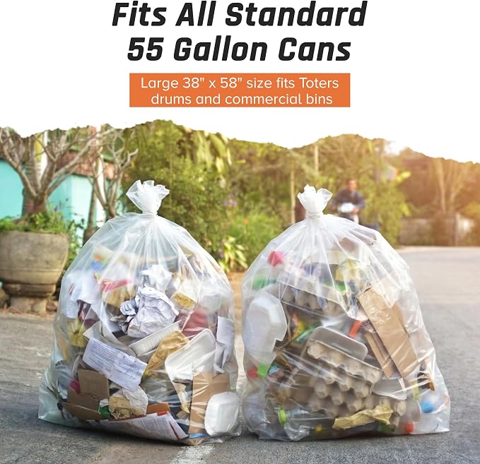 Clear Gallon Trash Bags Heavy Duty - 2.0 MIL Thick (equiv) - 38" x 58" - Garbage Bags for Contractors, Lawn, Leaf, Yard Waste, Commercial, Kitchen, Industrial, Construction (Pack of 50)
