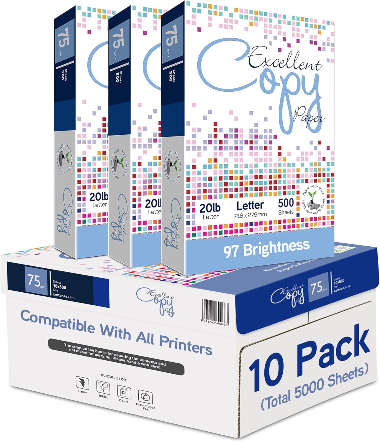 Excellent Copy Paper, 20 lb, Letter Size 8.5” x 11”, 97 Brightness, 5000 Sheets (10 Pack) – 75 GSM Printer Paper for Laser, Inkjet, Copier & Fax – Jam-Free, Smooth Surface, PEFC Certified.