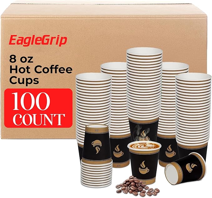 8 Oz, 100 Count Eagle Grip Disposable Coffee Paper Cups – Leak-Proof, Poly-Coated Hot Coffee Cups with Rolled Rim, Durable &amp; Eco-Friendly to-Go Cups for Coffee, Tea, Offices, Cafés