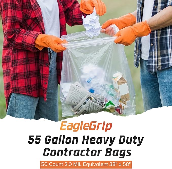 Clear Gallon Trash Bags Heavy Duty - 2.0 MIL Thick (equiv) - 38" x 58" - Garbage Bags for Contractors, Lawn, Leaf, Yard Waste, Commercial, Kitchen, Industrial, Construction (Pack of 50)