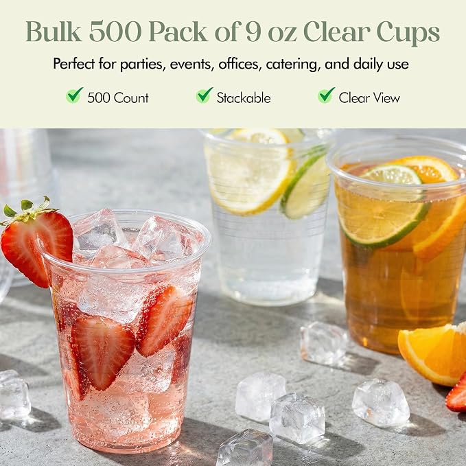EagleGrip Clear Plastic Cups 9 oz, 500 Count – Disposable Drink Cups for Cold Beverages, Juice, Soda & Water – Strong BPA-Free Crystal Clear Cups for Parties, Catering, Weddings & Food Service