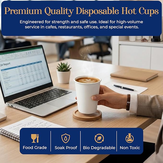 8 Oz, 100 Count Eagle Grip Disposable White Paper Cups – Leak-Proof, Poly-Coated Hot White Cups with Rolled Rim, Durable & Eco-Friendly to-Go Cups for Coffee, Tea, Offices, Cafés