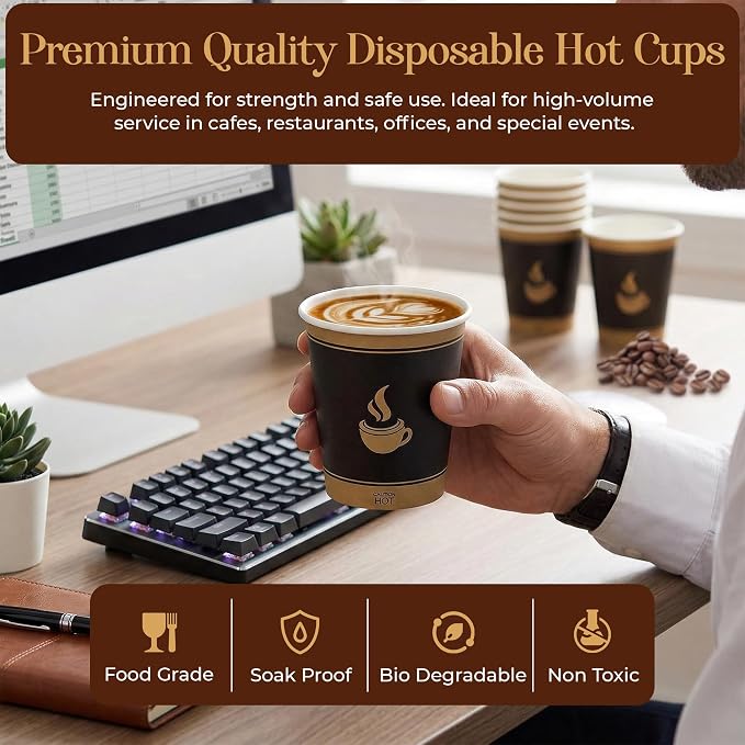 8 Oz, 100 Count Eagle Grip Disposable Coffee Paper Cups – Leak-Proof, Poly-Coated Hot Coffee Cups with Rolled Rim, Durable &amp; Eco-Friendly to-Go Cups for Coffee, Tea, Offices, Cafés