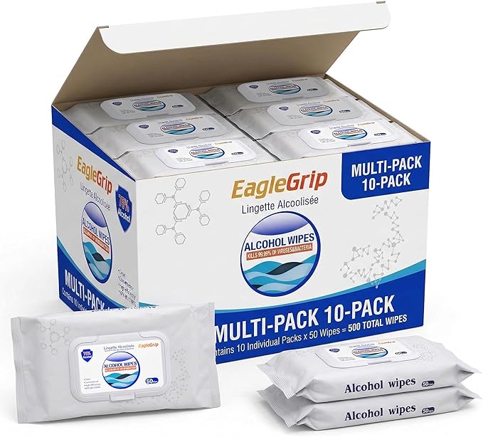 50 Wipes, 10 Packs Eagle Grip Disinfectant Wet Wipes 75% Alcohol - All-Purpose Sanitizing Wipes, Quick-Drying, Non-Sticky, Safe for Skin, Unscented Cleaning Wipes for Hands & Surfaces