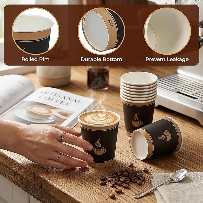 8 Oz, 100 Count Eagle Grip Disposable Coffee Paper Cups – Leak-Proof, Poly-Coated Hot Coffee Cups with Rolled Rim, Durable &amp; Eco-Friendly to-Go Cups for Coffee, Tea, Offices, Cafés