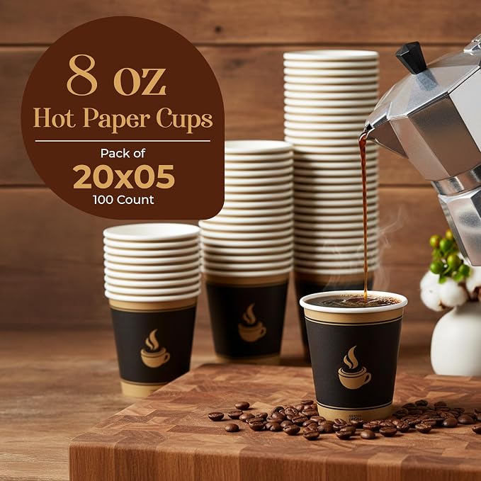 8 Oz, 100 Count Eagle Grip Disposable Coffee Paper Cups – Leak-Proof, Poly-Coated Hot Coffee Cups with Rolled Rim, Durable &amp; Eco-Friendly to-Go Cups for Coffee, Tea, Offices, Cafés