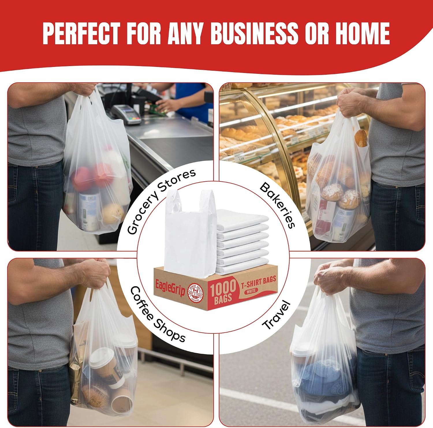 1000 Count Plastic Bags (11.5" x 6.5" x 21") White, T-Shirt, Grocery, Take Out, to Go, Retail Shopping Bags in Bulk (Made in Canada)