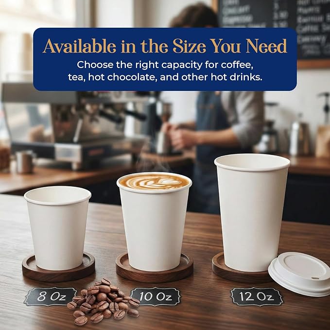 8 Oz, 100 Count Eagle Grip Disposable White Paper Cups – Leak-Proof, Poly-Coated Hot White Cups with Rolled Rim, Durable & Eco-Friendly to-Go Cups for Coffee, Tea, Offices, Cafés