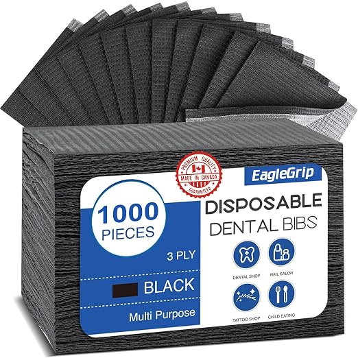 Disposable Dental Bibs 1000 Pack (13” x 18”) – 3-Ply Waterproof Tattoo Bibs, Absorbent & Leak-Proof, Black Dental Bib Sheets for Clinic, Nail Salon, Tattoo, Patient Care & Feeding.