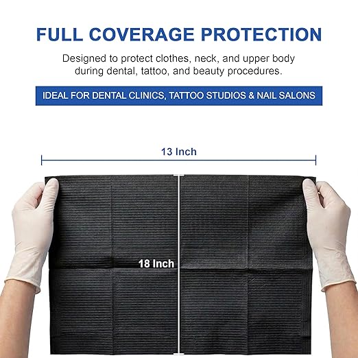 Disposable Dental Bibs 1000 Pack (13” x 18”) – 3-Ply Waterproof Tattoo Bibs, Absorbent & Leak-Proof, Black Dental Bib Sheets for Clinic, Nail Salon, Tattoo, Patient Care & Feeding.