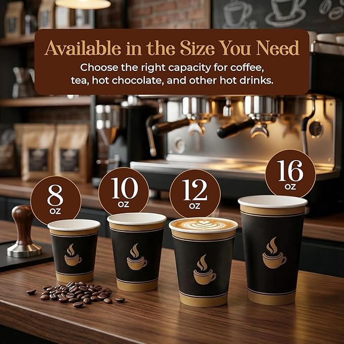 8 Oz, 100 Count Eagle Grip Disposable Coffee Paper Cups – Leak-Proof, Poly-Coated Hot Coffee Cups with Rolled Rim, Durable &amp; Eco-Friendly to-Go Cups for Coffee, Tea, Offices, Cafés