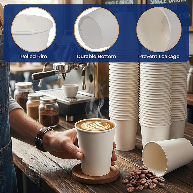 8 Oz, 100 Count Eagle Grip Disposable White Paper Cups – Leak-Proof, Poly-Coated Hot White Cups with Rolled Rim, Durable & Eco-Friendly to-Go Cups for Coffee, Tea, Offices, Cafés