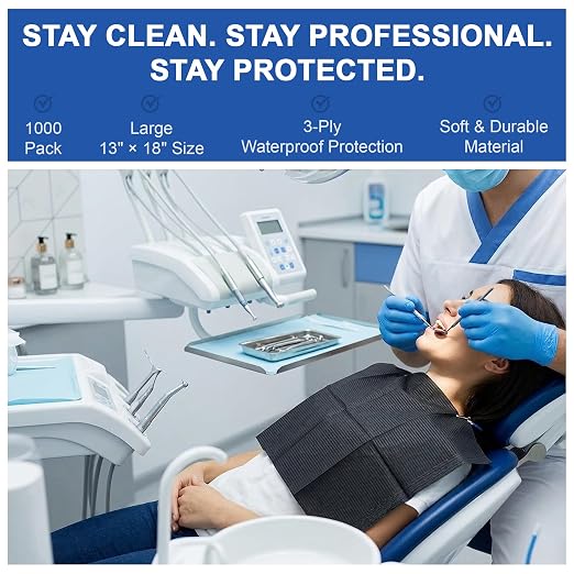 Disposable Dental Bibs 1000 Pack (13” x 18”) – 3-Ply Waterproof Tattoo Bibs, Absorbent & Leak-Proof, Black Dental Bib Sheets for Clinic, Nail Salon, Tattoo, Patient Care & Feeding.