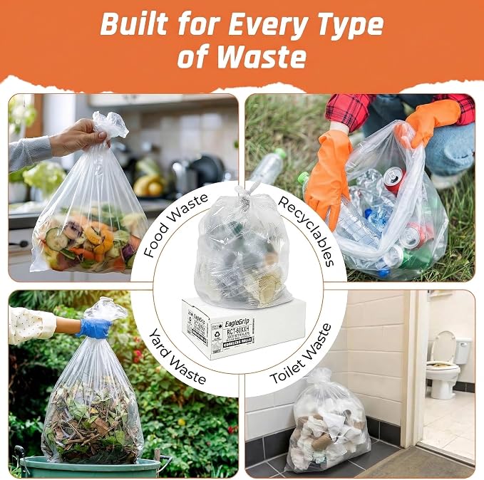 Clear Gallon Trash Bags Heavy Duty - 2.0 MIL Thick (equiv) - 38" x 58" - Garbage Bags for Contractors, Lawn, Leaf, Yard Waste, Commercial, Kitchen, Industrial, Construction (Pack of 50)