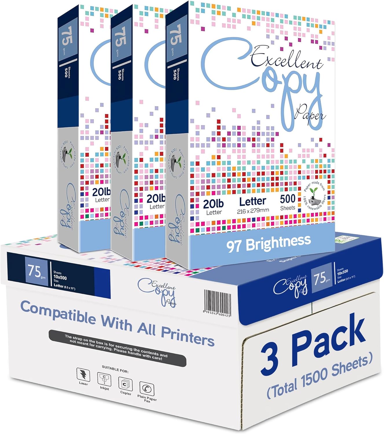 Excellent Copy Paper, 15 lb, Letter Size 8.5” x 11”, 97 Brightness, 1500 Sheets (3 Pack) – 75 GSM Printer Paper for Laser, Inkjet, Copier & Fax – Jam-Free, Smooth Surface, PEFC Certified.