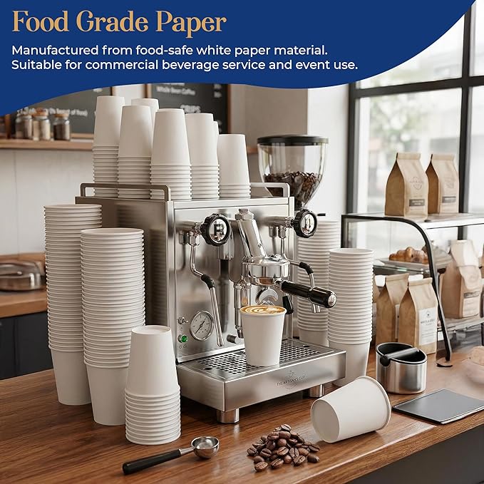 8 Oz, 100 Count Eagle Grip Disposable White Paper Cups – Leak-Proof, Poly-Coated Hot White Cups with Rolled Rim, Durable & Eco-Friendly to-Go Cups for Coffee, Tea, Offices, Cafés