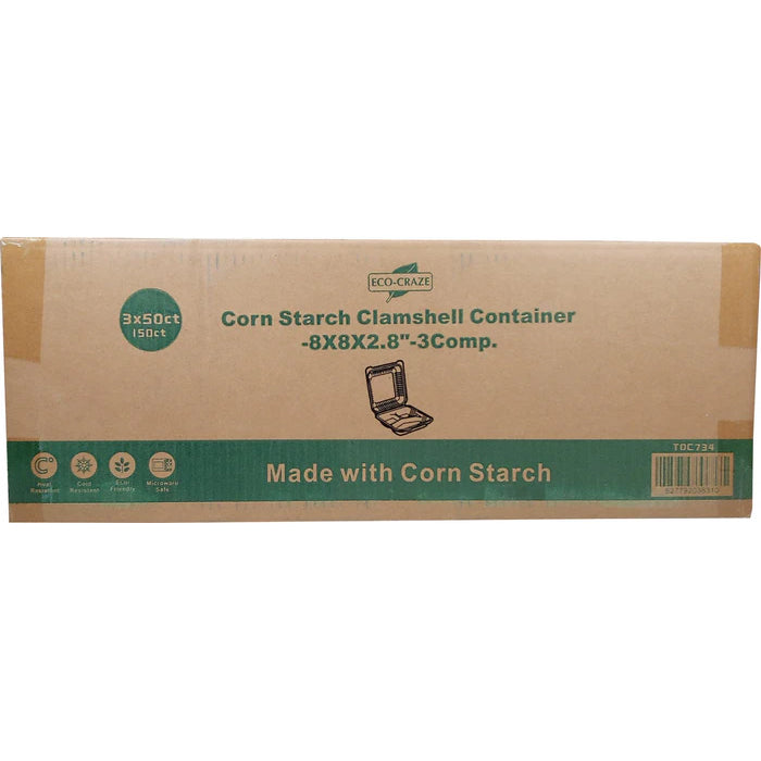 XE - Eco-Craze - Corn Starch Clamshell Container - 8X8 - 3 Comp - Eagle Global Solution