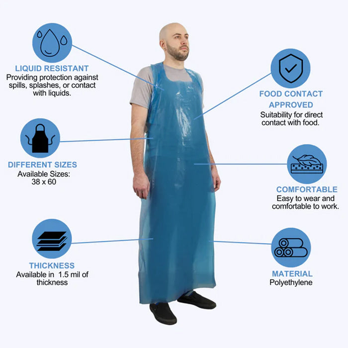 Poly Aprons, 38" x 60", 1.5 mil, Blue- 100/Bag - Eagle Global Solution