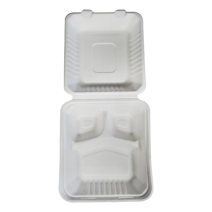 CLR - Rolaco - 8" Foodbox Clamshell - Bagasse - 3 Comp. - BAG-8-200CLN3 - Eagle Global Solution
