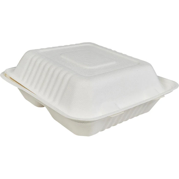 CLR - Rolaco - 8" Foodbox Clamshell - Bagasse - 3 Comp. - BAG-8-200CLN3 - Eagle Global Solution