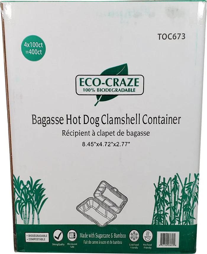 Eco-Craze - Hot Dog - 8.45"x4.72"x2.77" - Bagasse Clamshell Container - Eagle Global Solution